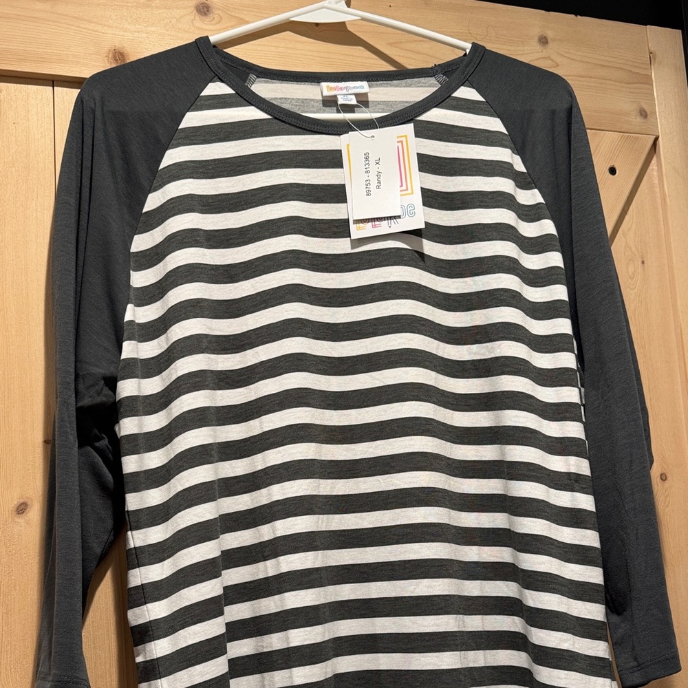 Lularoe Randy Striped Dark Grey and White Raglan Tshirt